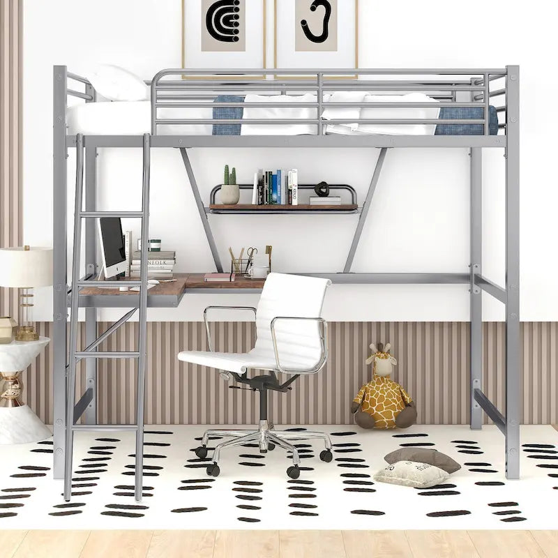 Metal Loft Bed with Integrated Desk, Shelf, and Full-Length Guardrail