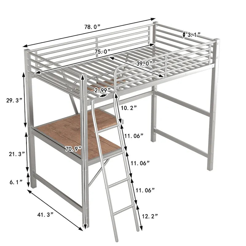 Metal Loft Bed with Integrated Desk, Shelf, and Full-Length Guardrail