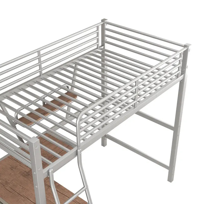 Metal Loft Bed with Integrated Desk, Shelf, and Full-Length Guardrail