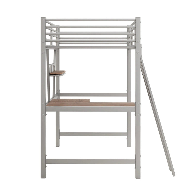Metal Loft Bed with Integrated Desk, Shelf, and Full-Length Guardrail