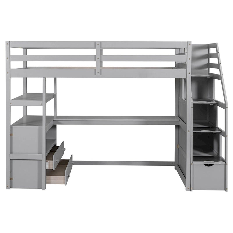 Gray Pine Loft Bed with Desk, Shelves, Storage Drawers, Storage Staircase