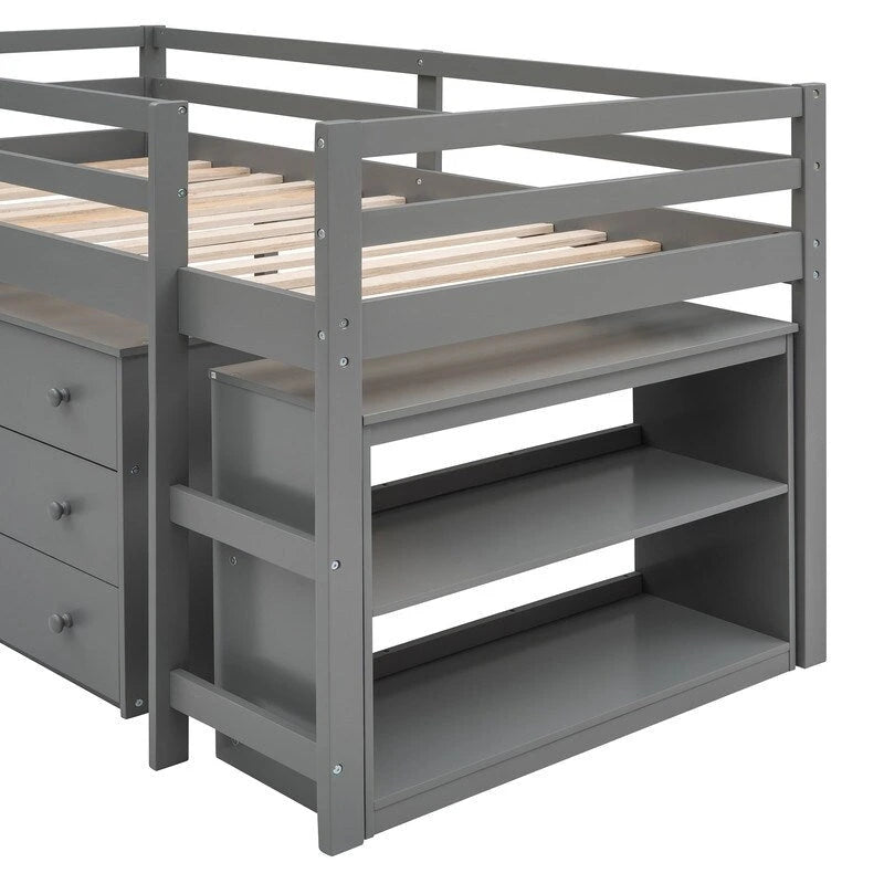 Twin Size Low Loft Bed with Cabinet and Rolling Portable Desk