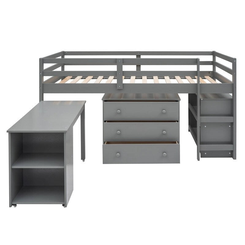 Twin Size Low Loft Bed with Cabinet and Rolling Portable Desk