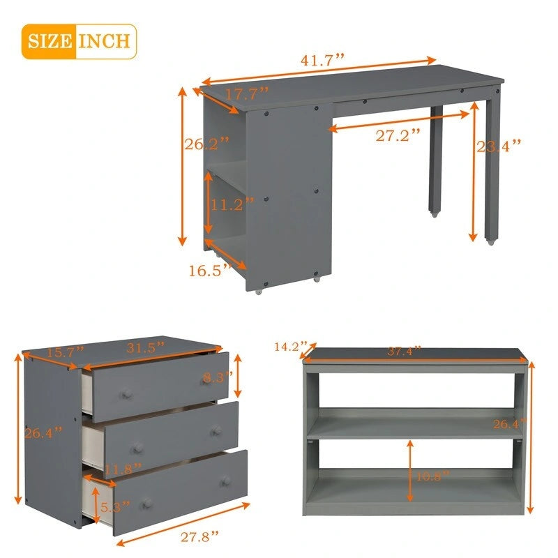 Twin Size Low Loft Bed with Cabinet and Rolling Portable Desk