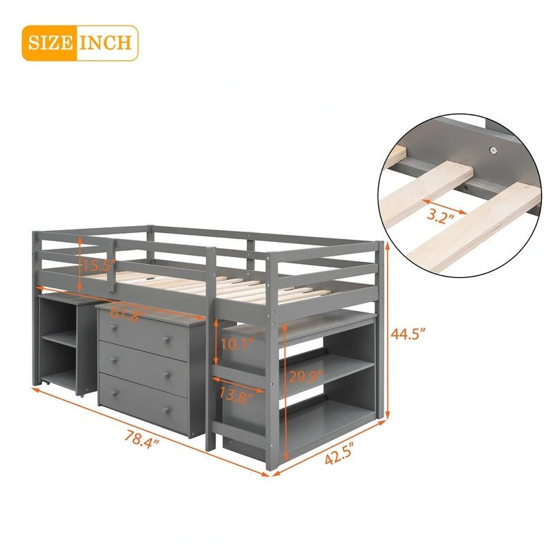 Twin Size Low Loft Bed with Cabinet and Rolling Portable Desk