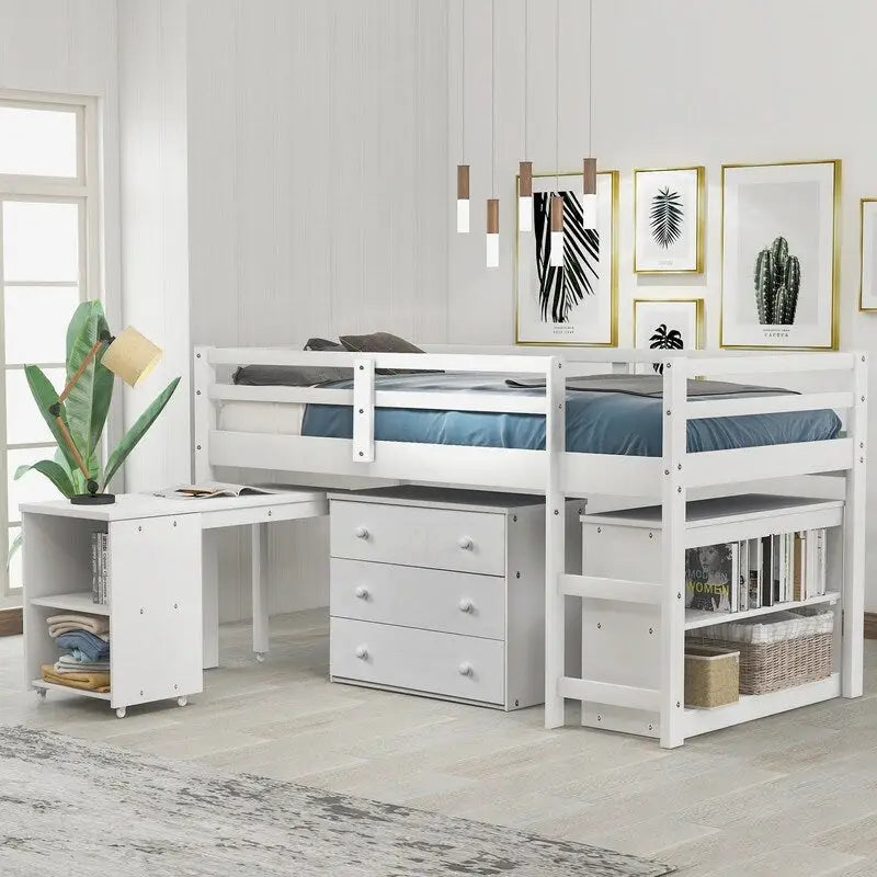 Twin Size Low Loft Bed with Cabinet and Rolling Portable Desk