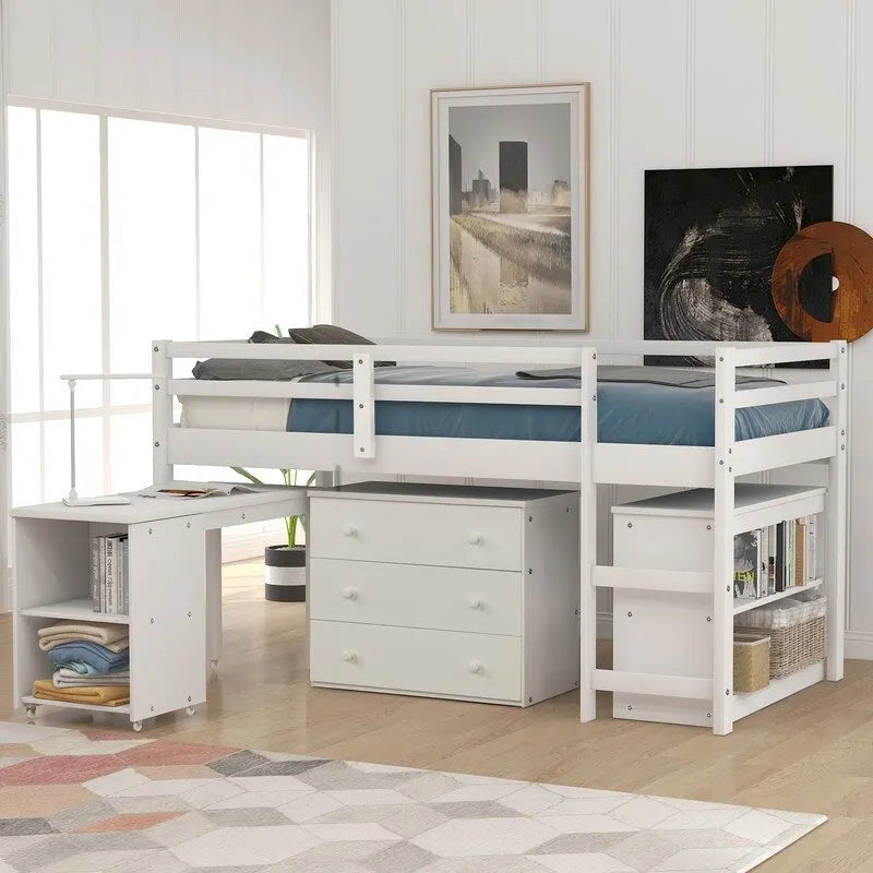 Twin Size Low Loft Bed with Cabinet and Rolling Portable Desk