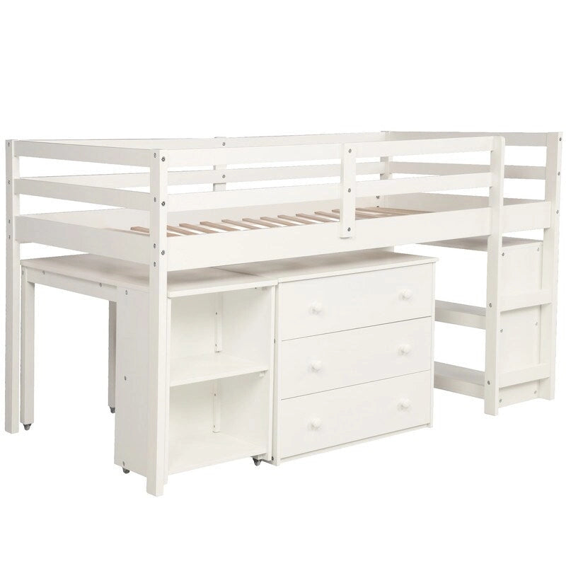 Twin Size Low Loft Bed with Cabinet and Rolling Portable Desk