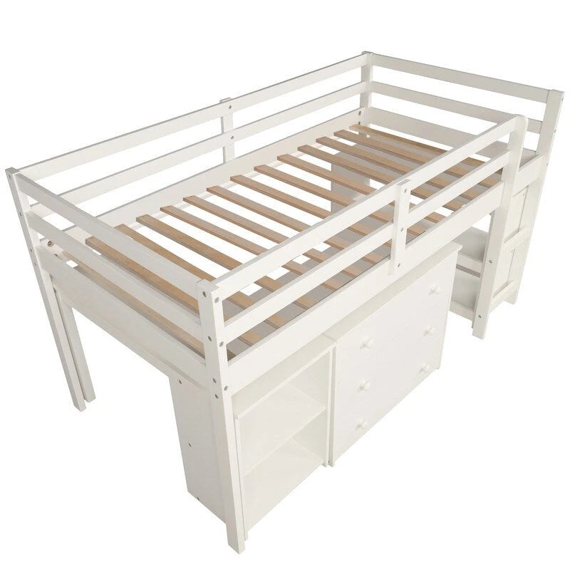 Twin Size Low Loft Bed with Cabinet and Rolling Portable Desk