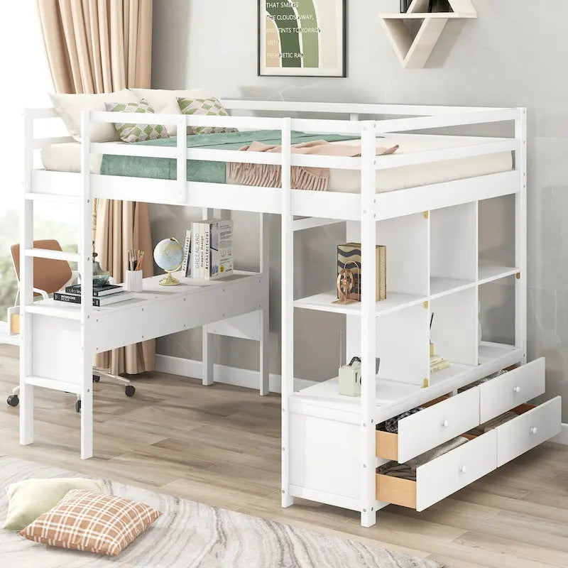 Pinewood Loft Bed with Built-in Desk, Drawers, Shelves, and Storage Cabinets