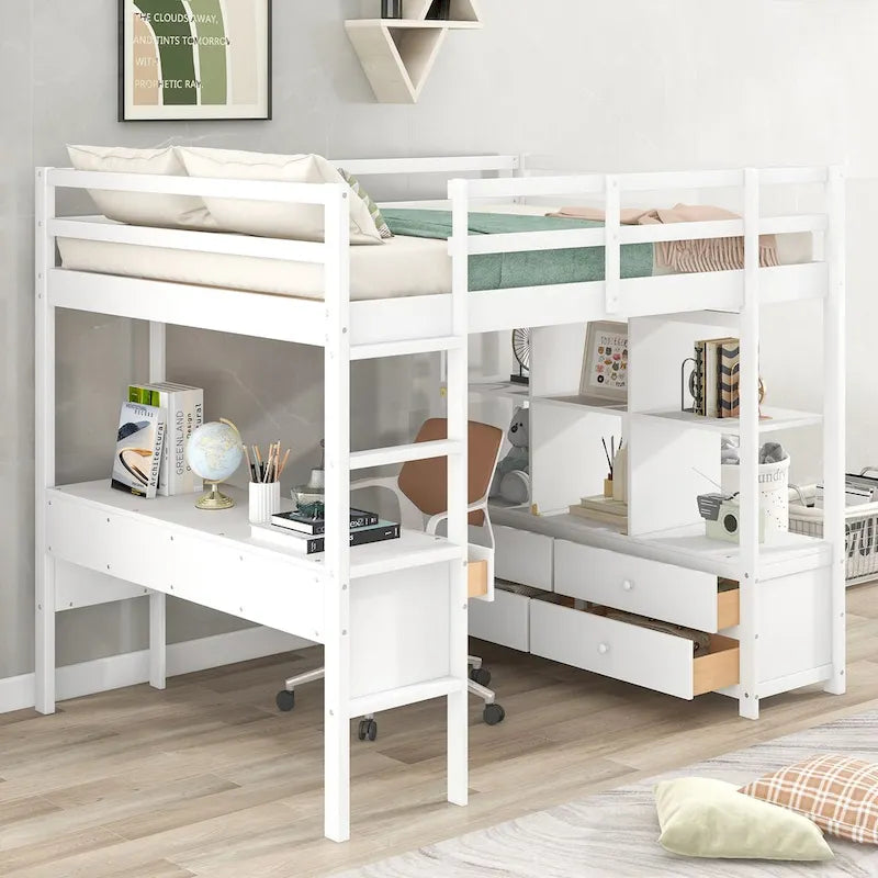 Pinewood Loft Bed with Built-in Desk, Drawers, Shelves, and Storage Cabinets