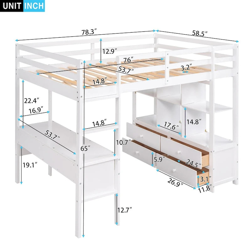 Cama alta de madera de pino con escritorio incorporado, cajones, estantes y armarios de almacenamiento