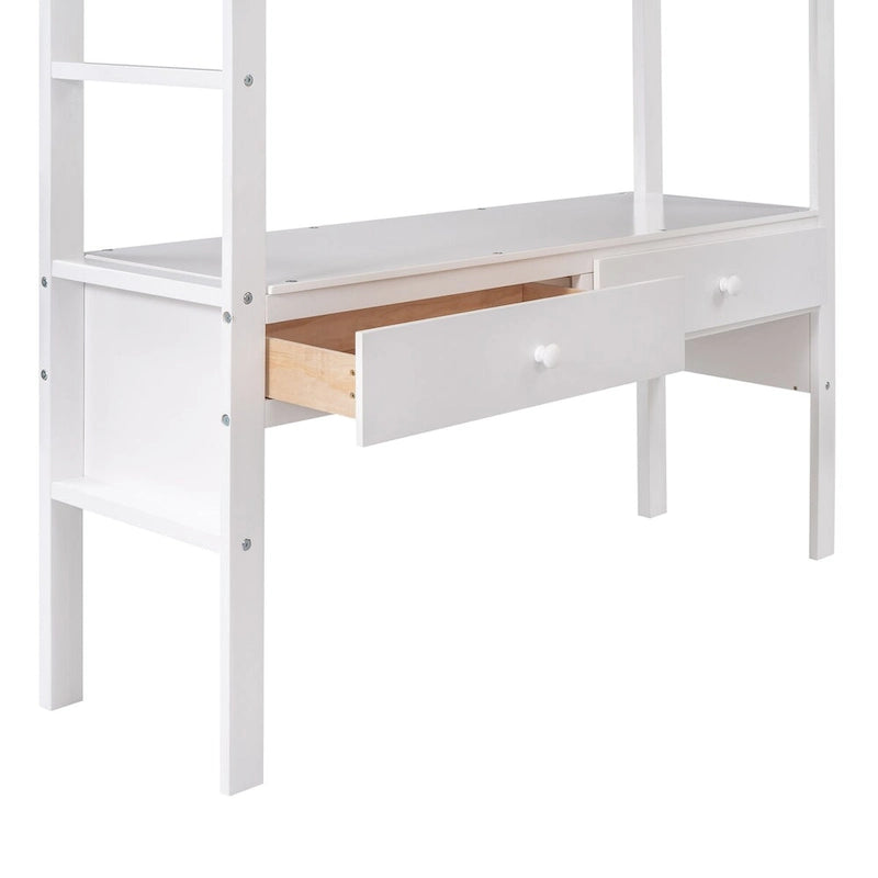 Cama alta de madera de pino con escritorio incorporado, cajones, estantes y armarios de almacenamiento