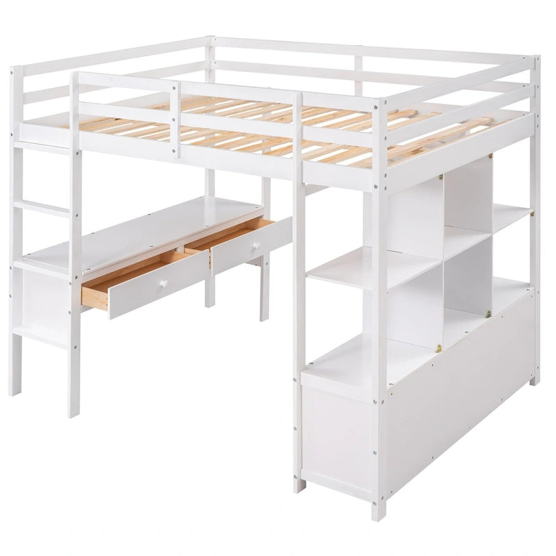 Cama alta de madera de pino con escritorio incorporado, cajones, estantes y armarios de almacenamiento