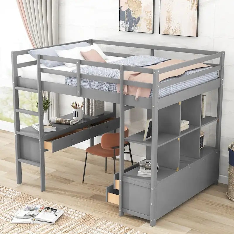 Cama alta de madera de pino con escritorio incorporado, cajones, estantes y armarios de almacenamiento