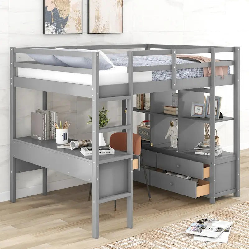Cama alta de madera de pino con escritorio incorporado, cajones, estantes y armarios de almacenamiento