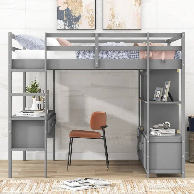Cama alta de madera de pino con escritorio incorporado, cajones, estantes y armarios de almacenamiento