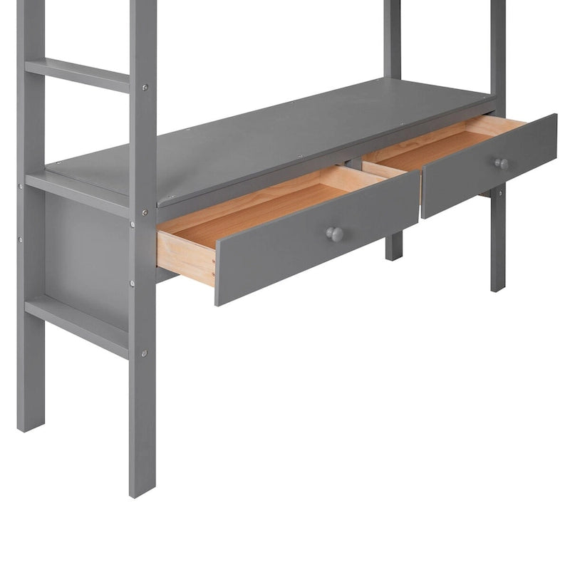 Cama alta de madera de pino con escritorio incorporado, cajones, estantes y armarios de almacenamiento