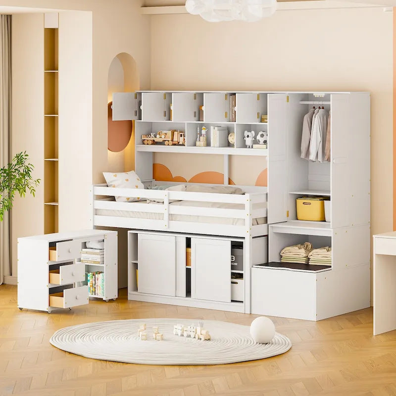 Twin Size Wooden Loft Bed Big Storage with Under-bed Desk