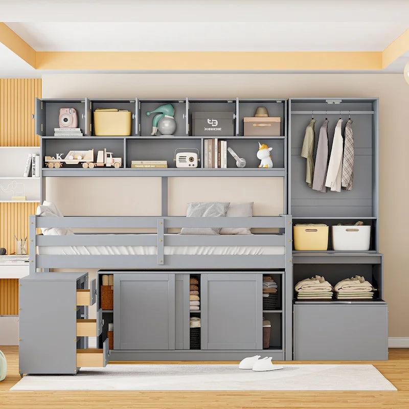 Twin Size Wooden Loft Bed Big Storage with Under-bed Desk