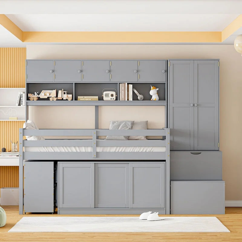 Twin Size Wooden Loft Bed Big Storage with Under-bed Desk