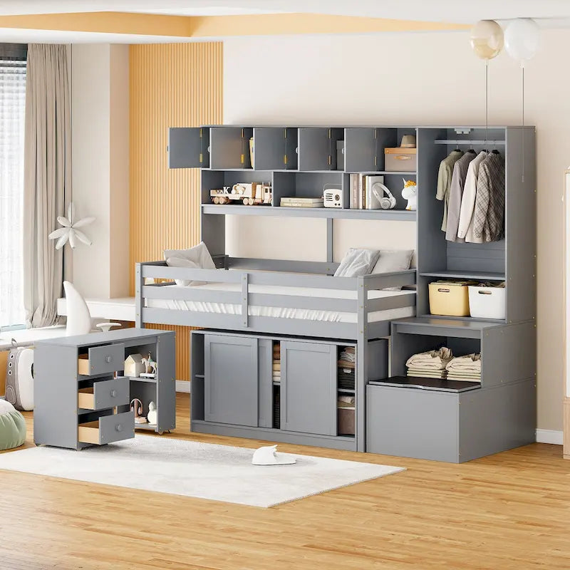 Twin Size Wooden Loft Bed Big Storage with Under-bed Desk