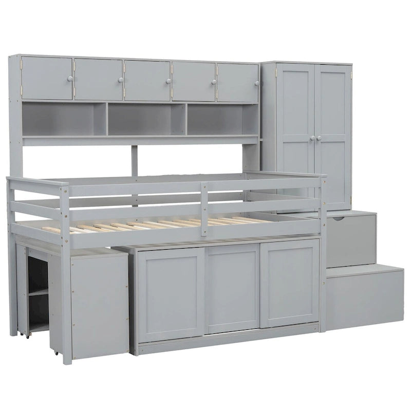 Twin Size Wooden Loft Bed Big Storage with Under-bed Desk