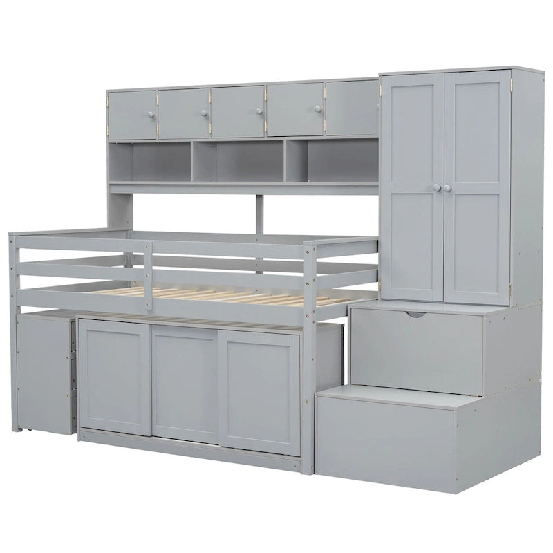 Twin Size Wooden Loft Bed Big Storage with Under-bed Desk