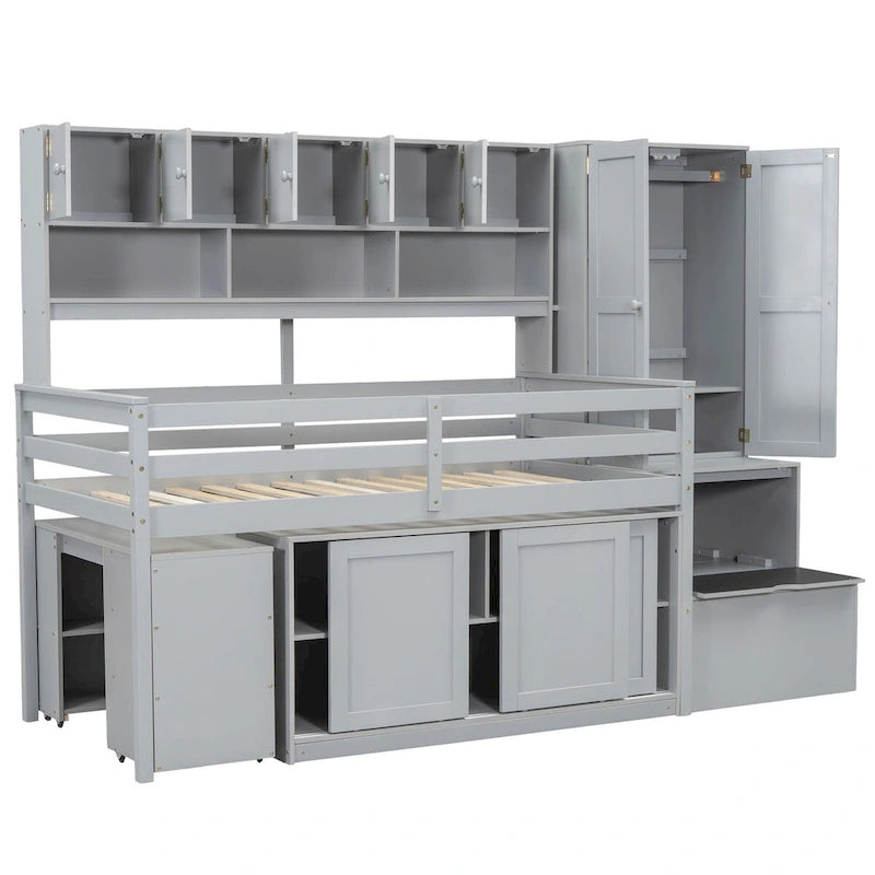 Twin Size Wooden Loft Bed Big Storage with Under-bed Desk