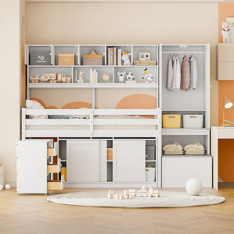 Twin Size Wooden Loft Bed Big Storage with Under-bed Desk