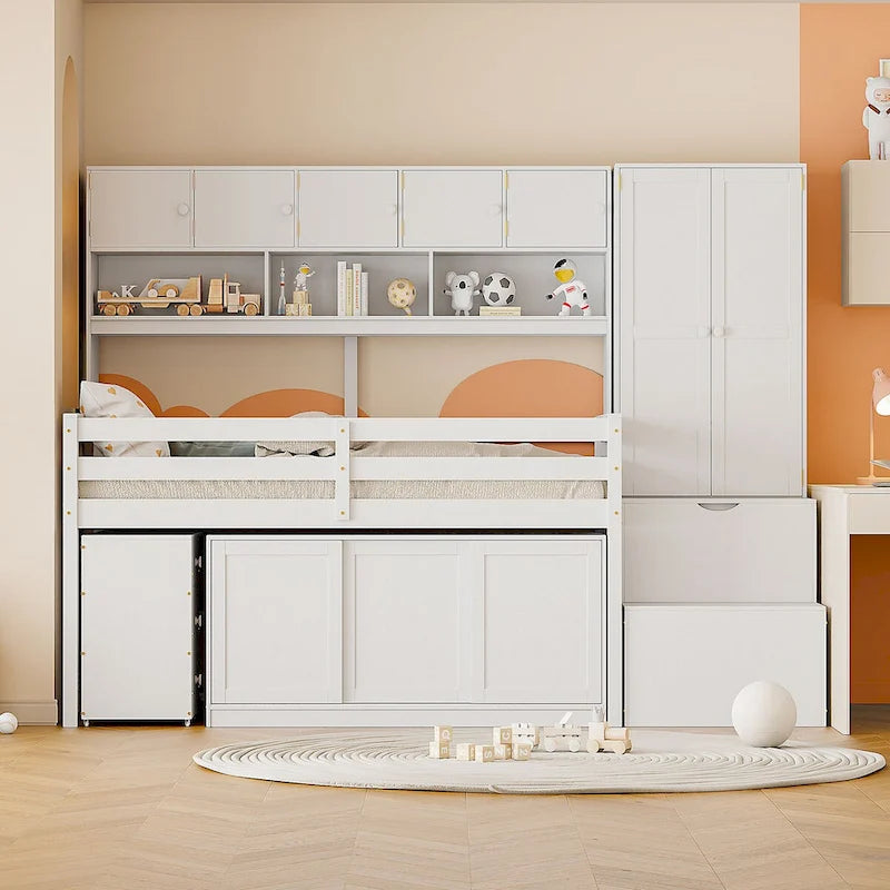 Twin Size Wooden Loft Bed Big Storage with Under-bed Desk