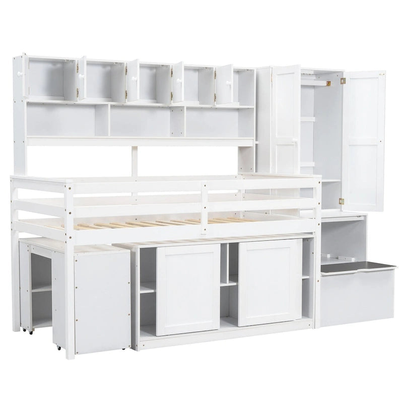 Twin Size Wooden Loft Bed Big Storage with Under-bed Desk