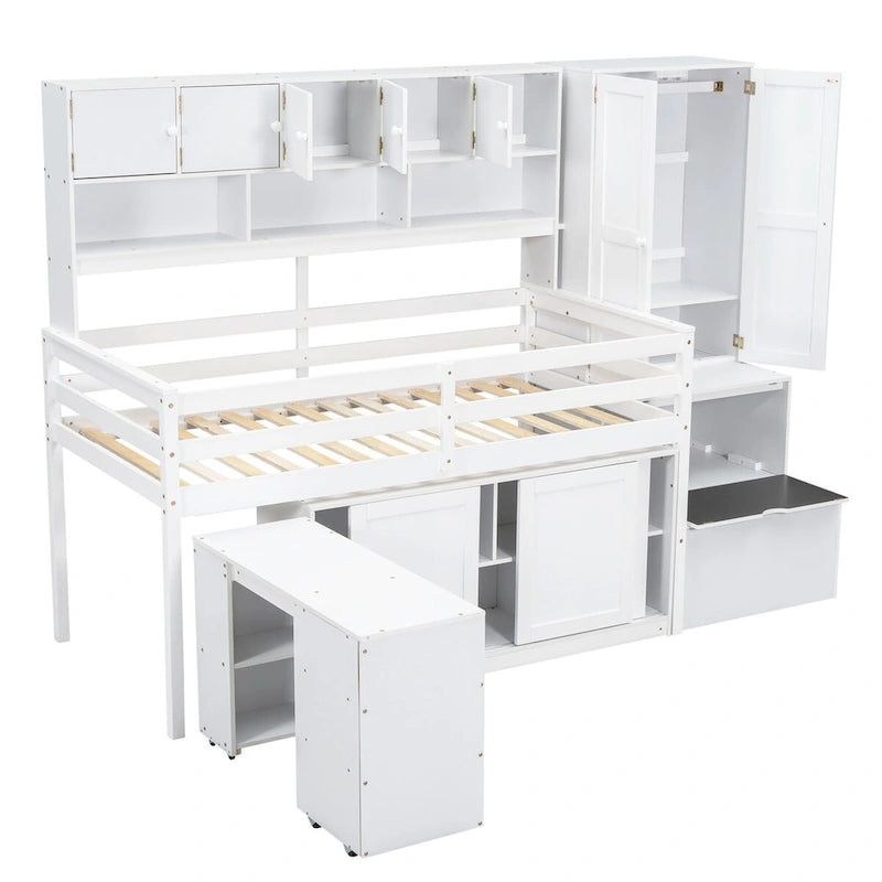 Twin Size Wooden Loft Bed Big Storage with Under-bed Desk