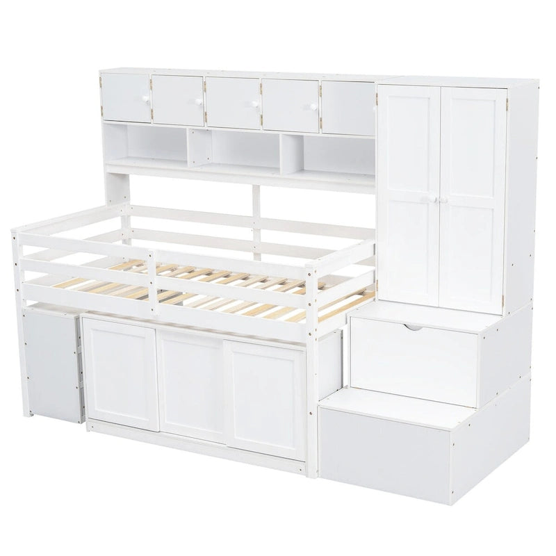 Twin Size Wooden Loft Bed Big Storage with Under-bed Desk