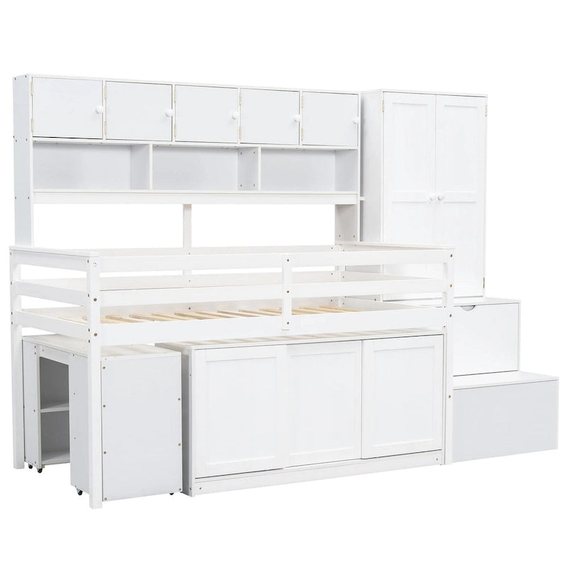 Twin Size Wooden Loft Bed Big Storage with Under-bed Desk