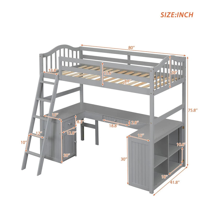 Twin size Loft Bed with Drawers, Cabinet, Shelves and Desk, Wooden Loft Bed with Desk
