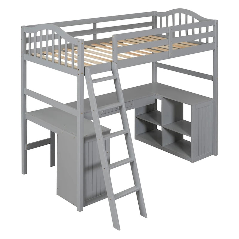 Twin size Loft Bed with Drawers, Cabinet, Shelves and Desk, Wooden Loft Bed with Desk