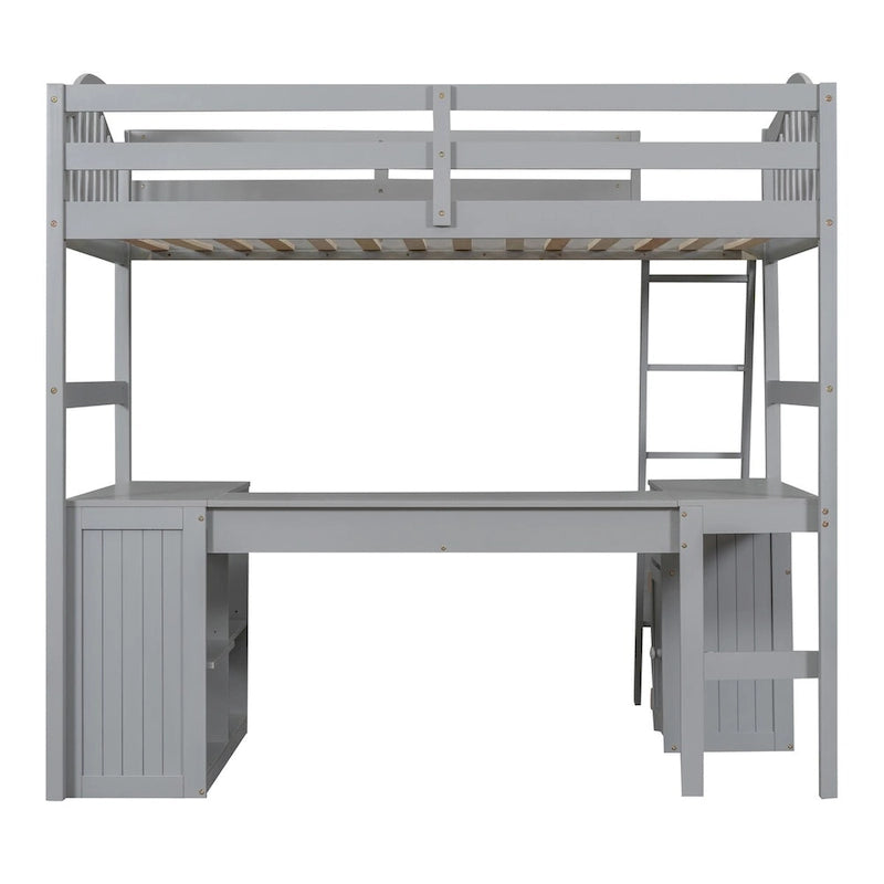 Twin size Loft Bed with Drawers, Cabinet, Shelves and Desk, Wooden Loft Bed with Desk