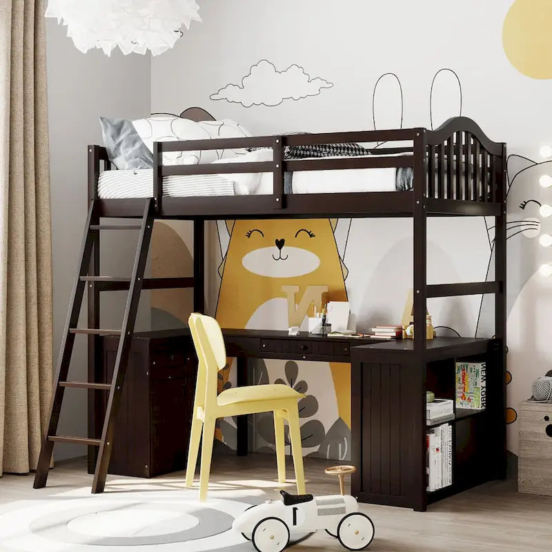 Twin size Loft Bed with Drawers, Cabinet, Shelves and Desk, Wooden Loft Bed with Desk