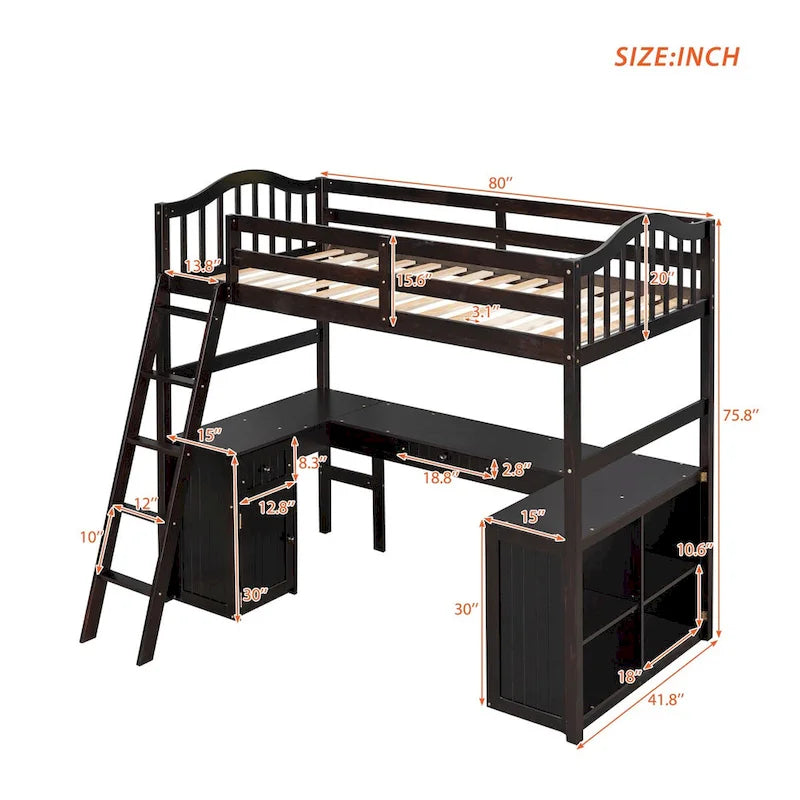 Twin size Loft Bed with Drawers, Cabinet, Shelves and Desk, Wooden Loft Bed with Desk