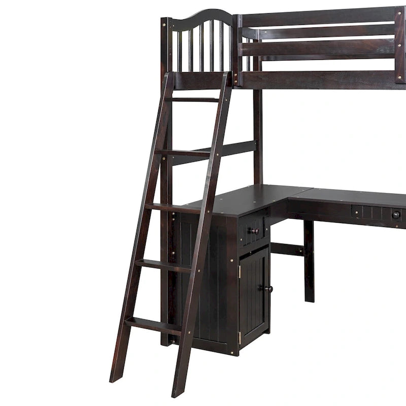 Twin size Loft Bed with Drawers, Cabinet, Shelves and Desk, Wooden Loft Bed with Desk