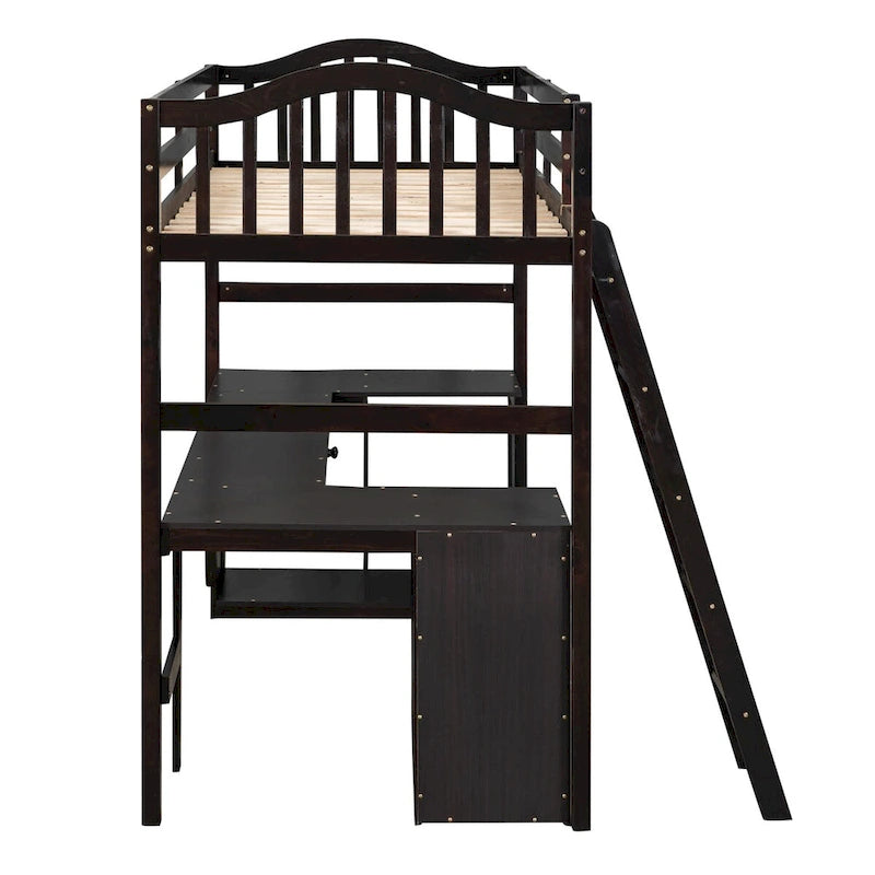 Twin size Loft Bed with Drawers, Cabinet, Shelves and Desk, Wooden Loft Bed with Desk