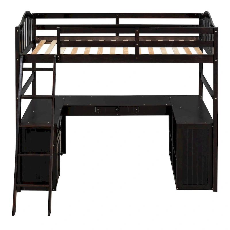 Twin size Loft Bed with Drawers, Cabinet, Shelves and Desk, Wooden Loft Bed with Desk