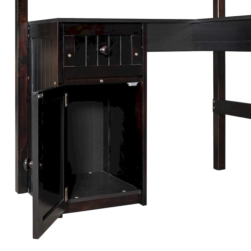 Twin size Loft Bed with Drawers, Cabinet, Shelves and Desk, Wooden Loft Bed with Desk