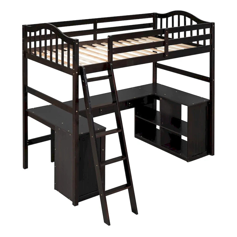 Twin size Loft Bed with Drawers, Cabinet, Shelves and Desk, Wooden Loft Bed with Desk