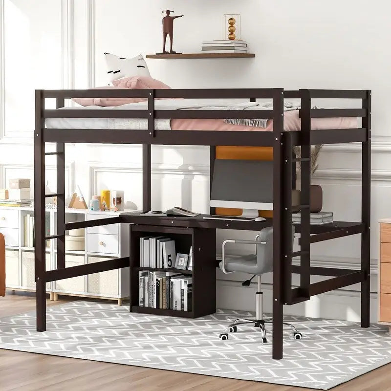 Wooden Full size Loft Bed with Desk and Writing Board