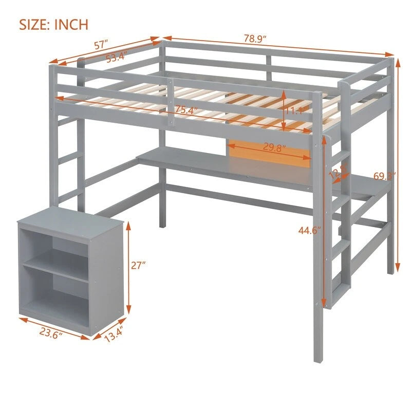 Wooden Full size Loft Bed with Desk and Writing Board