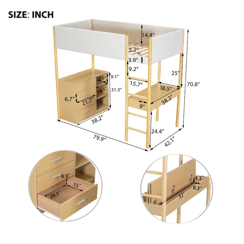 Twin Size Wood and Teddy Fleece Upholstered Loft Bed