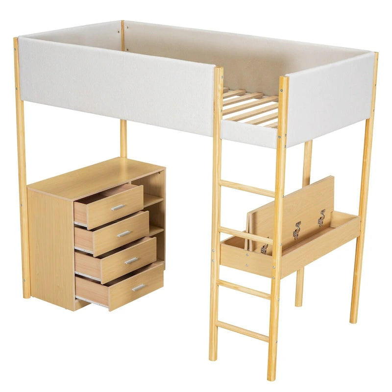 Twin Size Wood and Teddy Fleece Upholstered Loft Bed