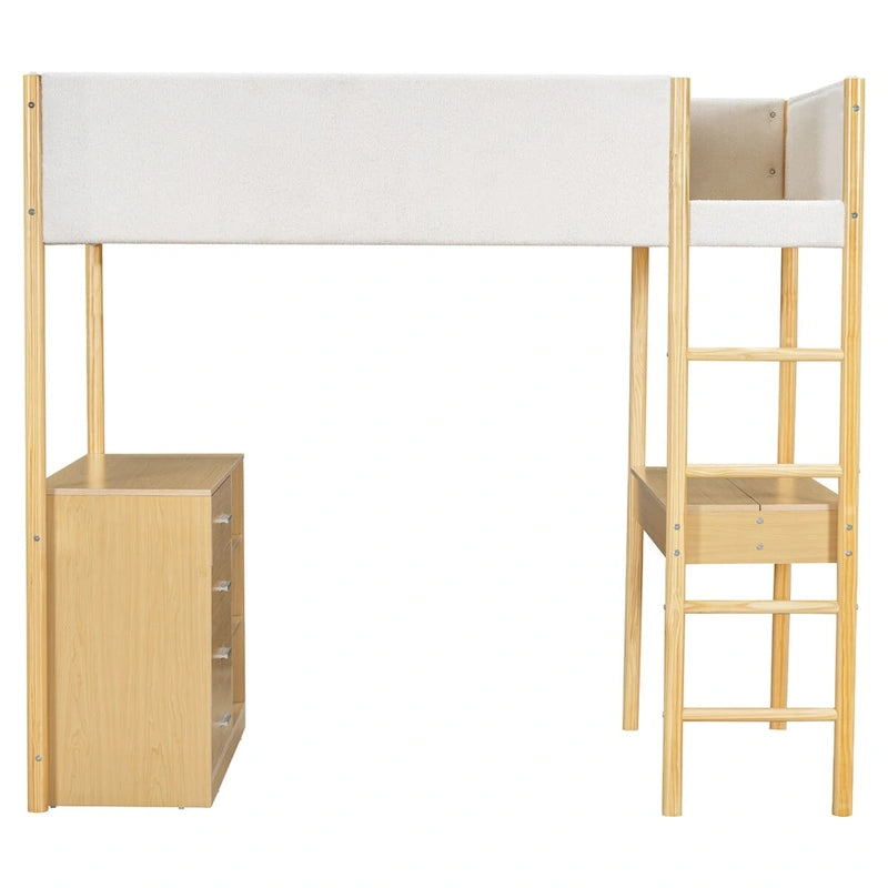 Twin Size Wood and Teddy Fleece Upholstered Loft Bed